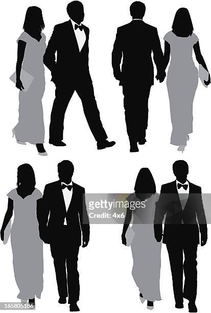 multiple images of a couple walking - evening gown silhouette stock illustrations