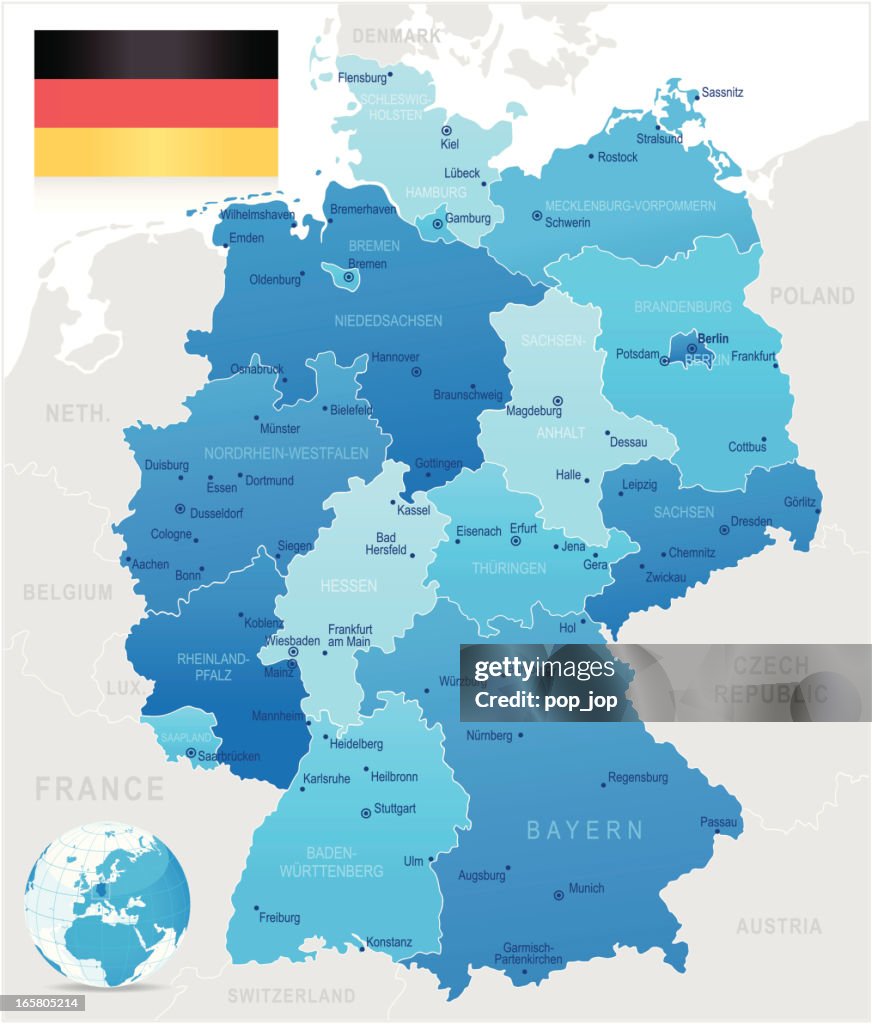 A detailed blue colored map of Germany