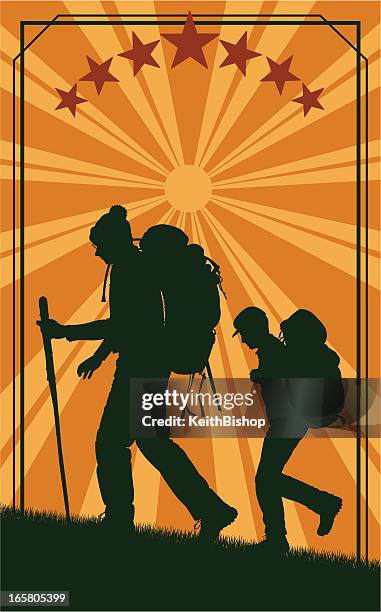 hikers - retro style background - backpacking stock illustrations
