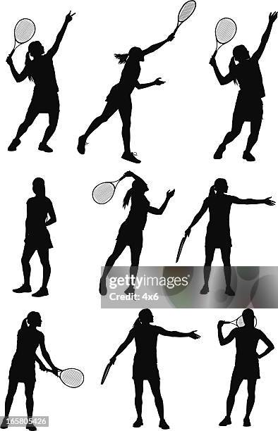 multiple images of a woman playing tennis - tennis racket vector stock illustrations