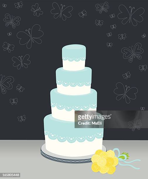 hochzeitstorte mit spitze und schmetterlinge - wedding cake stock-grafiken, -clipart, -cartoons und -symbole