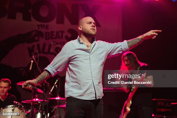 Jorma Vik, Matt Caughthran and Brad Magers of The Bronx during their performance on stage as a supporting act for Bad Religion at Congress Theater on...