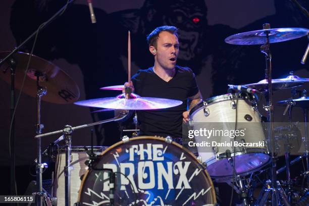 Jorma Vik of The Bronx of The Bronx during their performance on stage as a supporting act for Bad Religion at Congress Theater on April 5, 2013 in...