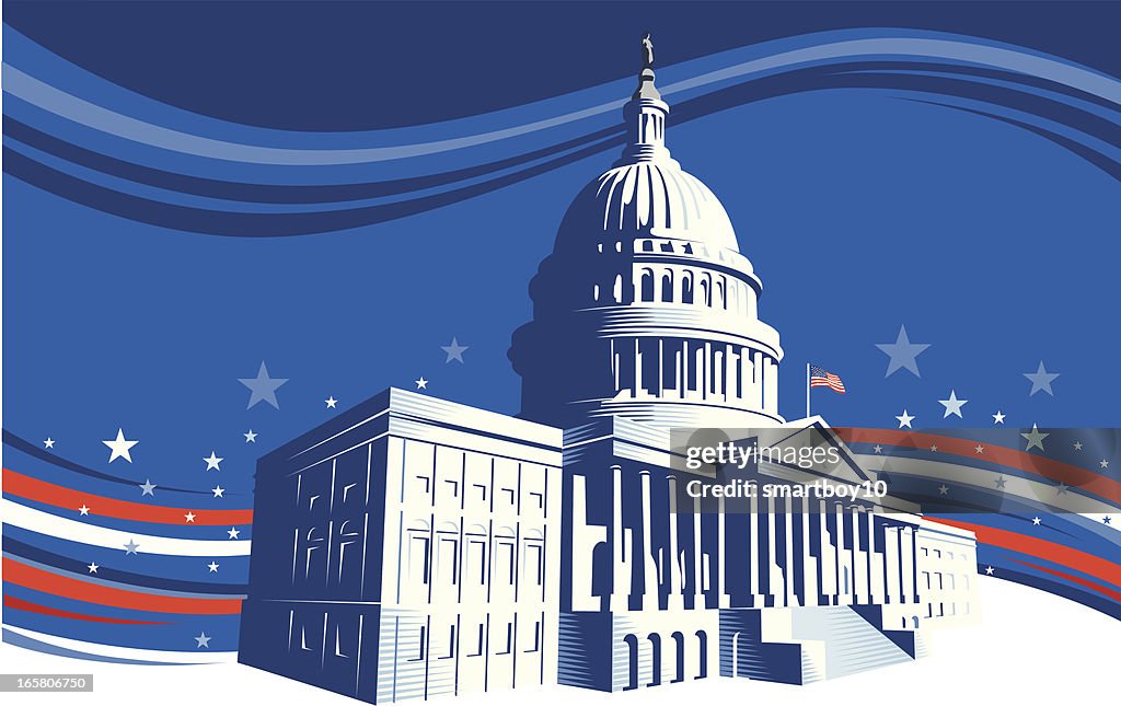 The White House with stars and stripes background