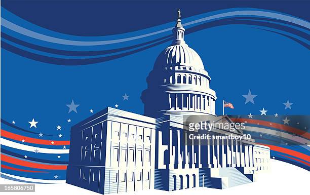 the white house with stars and stripes background - capitol building washington dc stock illustrations