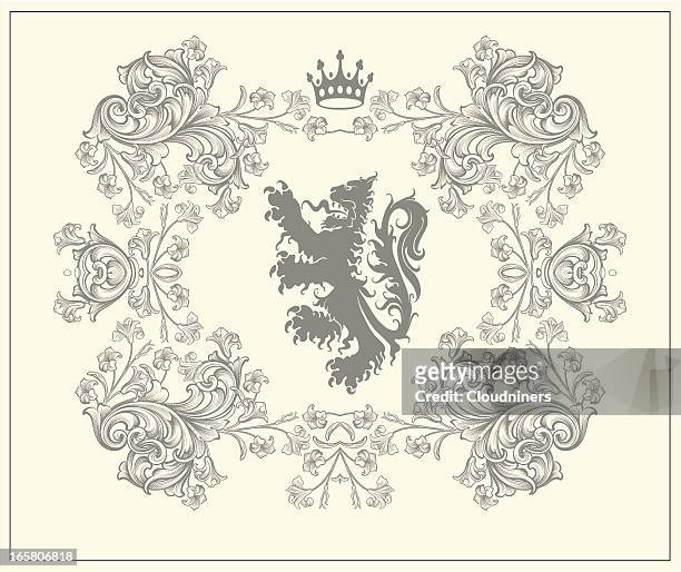 floral lion coat of arms engraving - animal's crest stock illustrations