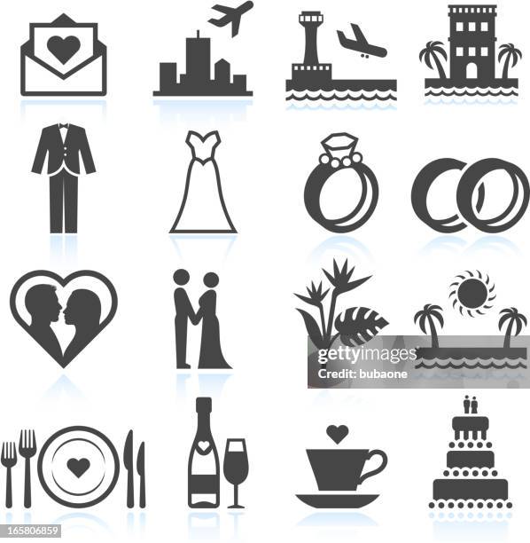 stockillustraties, clipart, cartoons en iconen met destination wedding ceremony black & white vector icon set - wedding dress