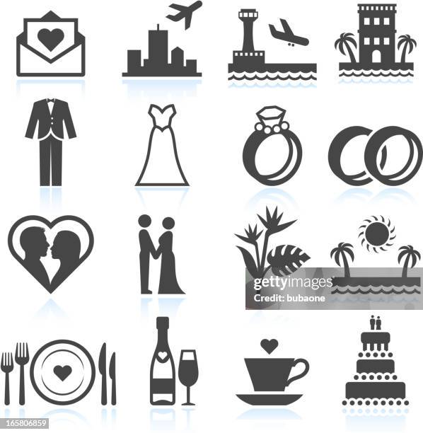 destination wedding ceremony black & white vector icon set - wedding rings white background stock illustrations