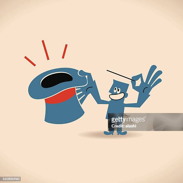 man holding an empty top hat and magic wand - modern art exhibition stock illustrations