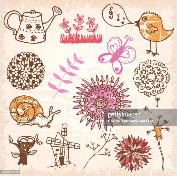spring doodle hand-drawn set - old windmill stock illustrations