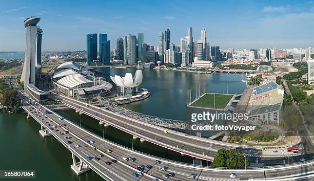singapore marina bay cbd landmarks aerial panorama - marina bay singapore bildbanksfoton och bilder