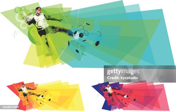 fußball spieler treten kugel in farben - shooting at goal stock-grafiken, -clipart, -cartoons und -symbole