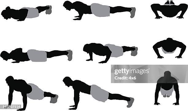 multiple images of a man doing push-ups - press ups stock illustrations