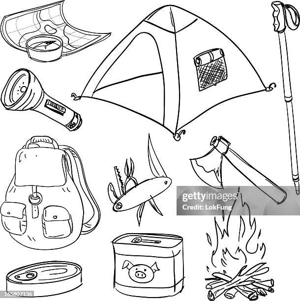 camping-ausrüstung in schwarz und weiß - camping stock-grafiken, -clipart, -cartoons und -symbole