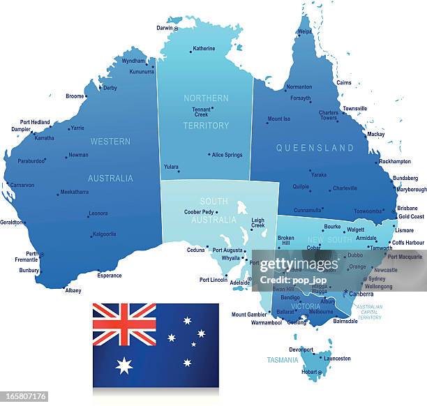 ilustraciones, imágenes clip art, dibujos animados e iconos de stock de mapa de australia-estados, ciudades y bandera - adelaida