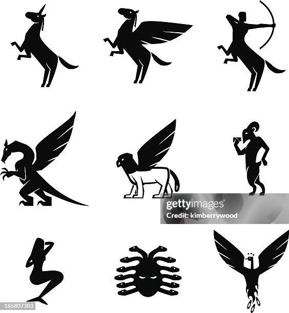 mythische wesen icon-set - phoenix mythical bird stock-grafiken, -clipart, -cartoons und -symbole