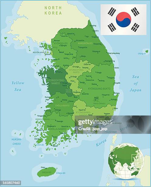 stockillustraties, clipart, cartoons en iconen met green map of south korea - states, cities and flag - seoul
