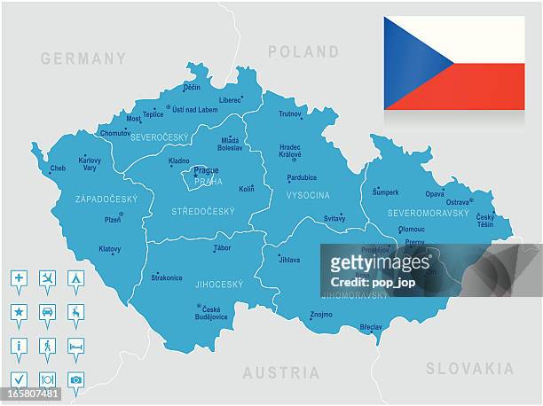 karte der tschechischen republik-staaten, städte, flagge, navigation symbole - czech republic stock-grafiken, -clipart, -cartoons und -symbole