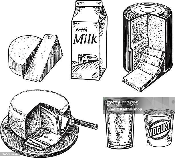 ilustraciones, imágenes clip art, dibujos animados e iconos de stock de dairy artículos de leche, queso, yogur - cartón de bebida