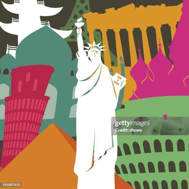 statue of liberty and monuments background - egyptian vector pattern backgrounds stock illustrations