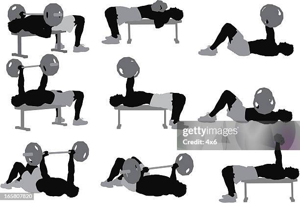 multiple images of a muscular man weightlifting - weight lifter white background stock illustrations
