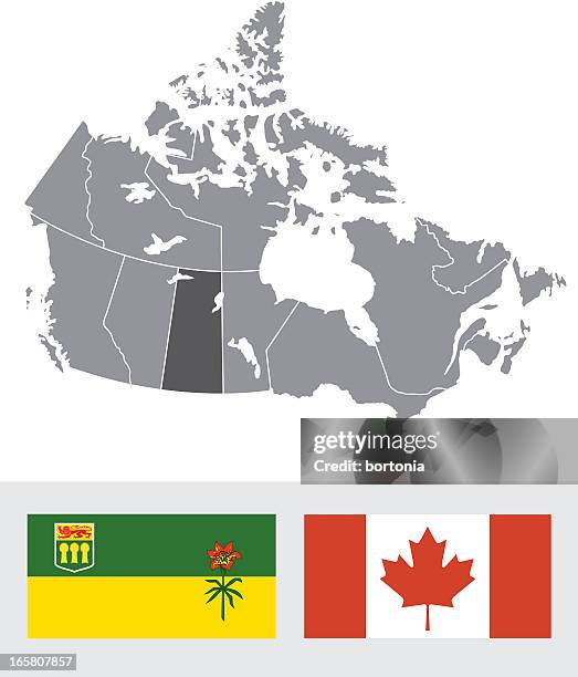 saskatchewan, canada map and flag - saskatchewan stock illustrations