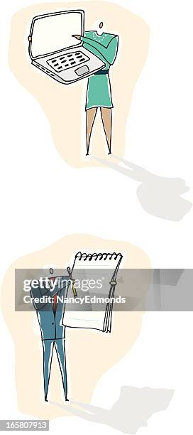 laptop lady and notepad man - commentator stock illustrations