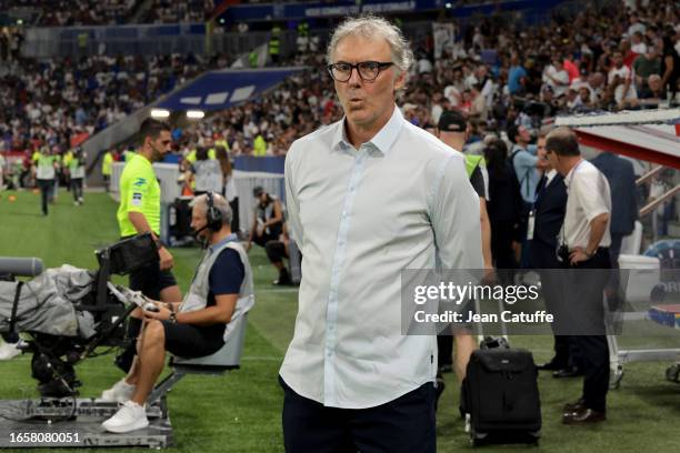 Coach of Olympique Lyonnais Laurent Blanc looks on during the Ligue 1 Uber Eats match between Olympique Lyonnais and Paris Saint-Germain at Groupama...