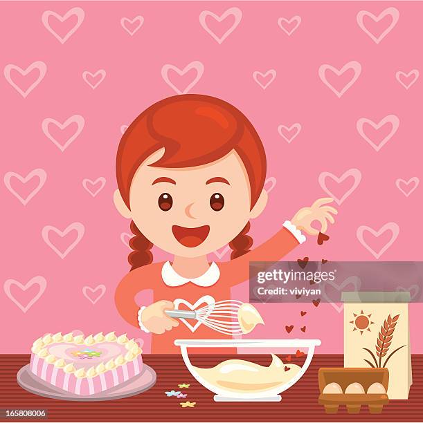 girl baking valentine's day cake - creme eggs stock illustrations