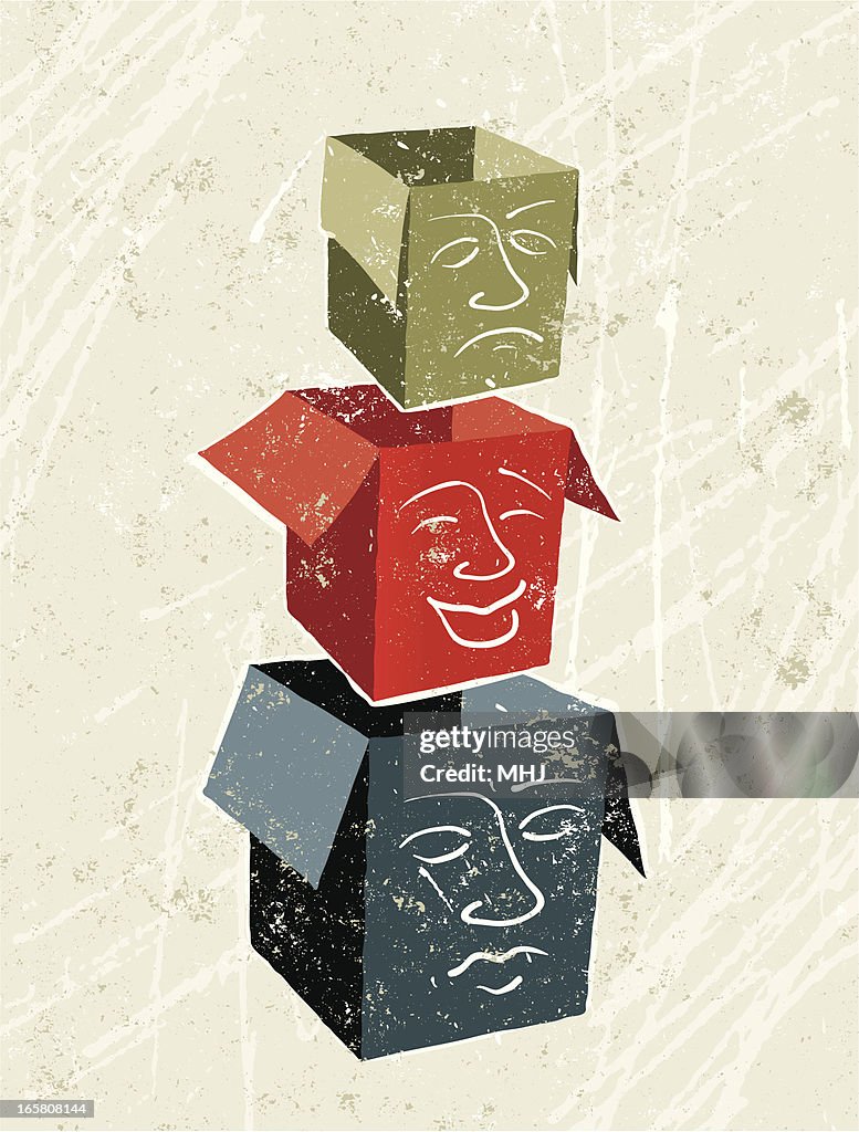 Neutral, Happy and Sad Faces on Three boxes