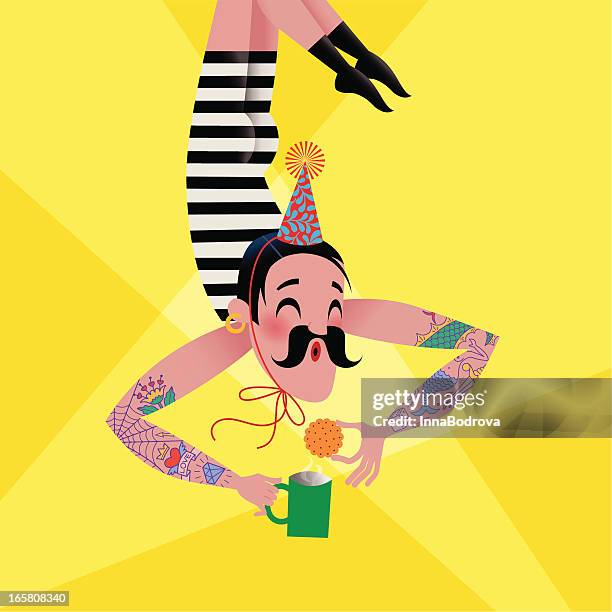 ilustraciones, imágenes clip art, dibujos animados e iconos de stock de macho trapecista. - forzudo circo