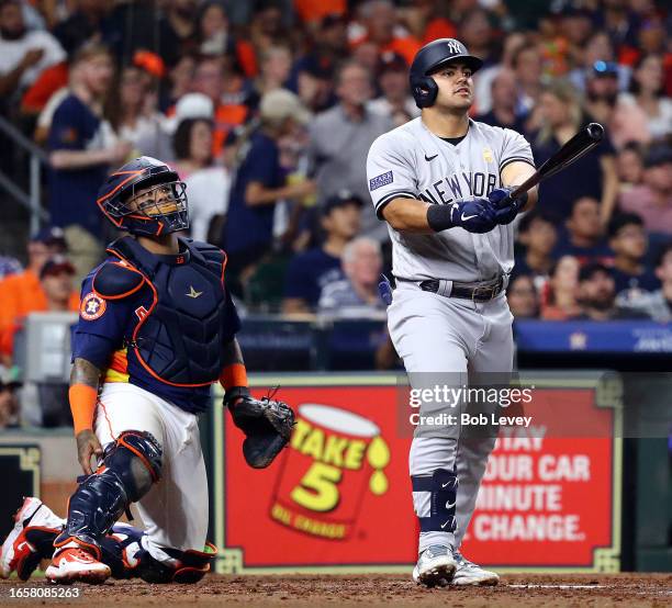 Jasson Dominguez of the New York Yankees hits a two run home run in the sixth inning against the Houston Astros at Minute Maid Park on September 03,...