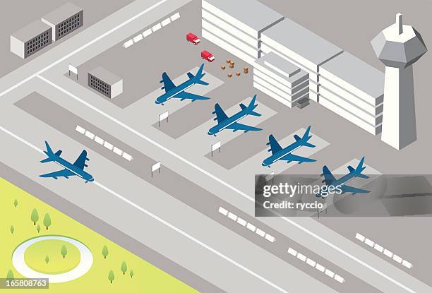 stockillustraties, clipart, cartoons en iconen met isometric airport - bedrijfsvliegtuig
