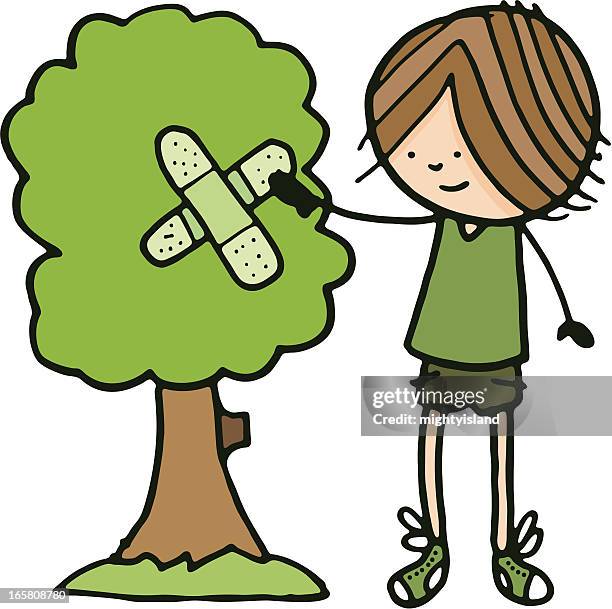 boy mending a tree with plaster - tree service stock illustrations