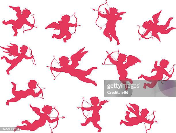 cupid silhouettes - pink bow and arrow stock illustrations