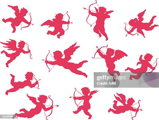 cupid silhouettes - arrow bow and arrow stock illustrations