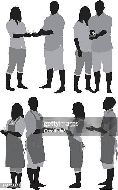 stockillustraties, clipart, cartoons en iconen met multiple images of couple holding seedlings - apron isolated