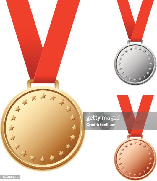 satz von leeren silber und bronze medaillen mit sternen - bronzemedaille stock-grafiken, -clipart, -cartoons und -symbole