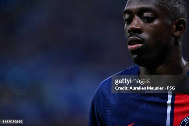 Ousmane Dembele of Paris Saint-Germain looks on during the Ligue 1 Uber Eats match between Olympique Lyonnais and Paris Saint-Germain at Groupama...