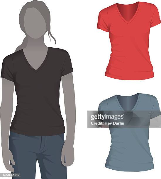 damen-t-shirt mit v-ausschnitt mockup-vorlage - halsausschnitt stock-grafiken, -clipart, -cartoons und -symbole