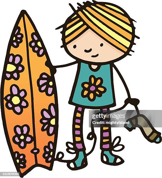 surfer girl with flower pattern surfboard - surfer girl stock illustrations