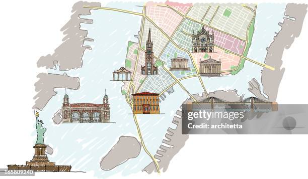 illustrazioni stock, clip art, cartoni animati e icone di tendenza di lower manhattan mappa con edifici - ellis island