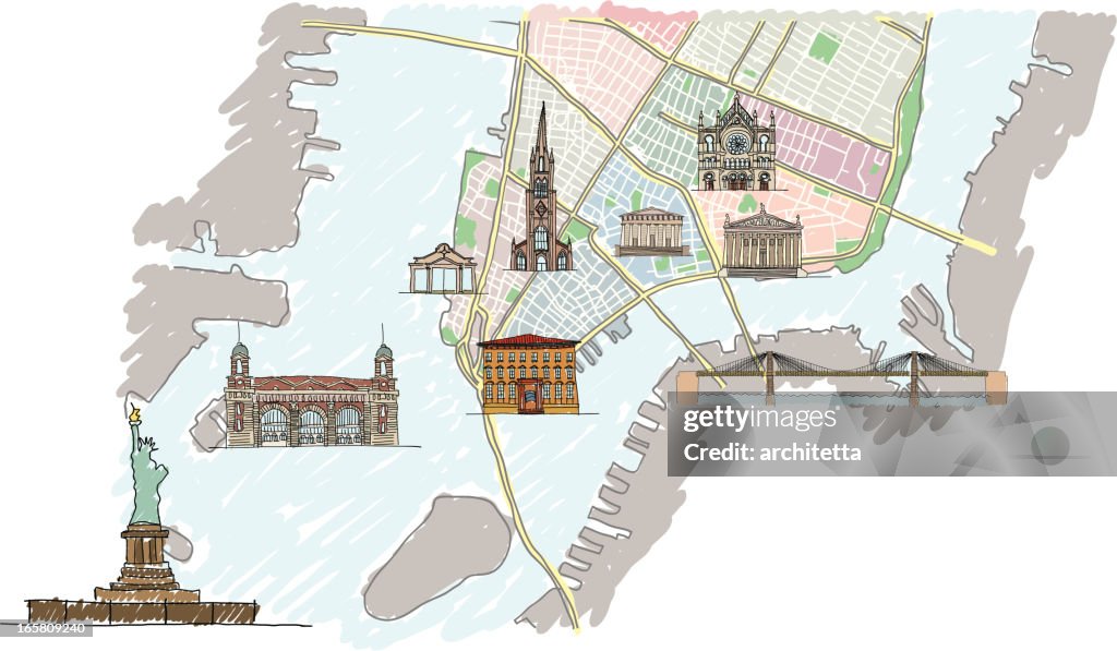 Lower Manhattan map with buildings