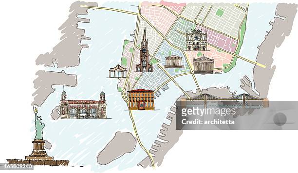 lower manhattan map with buildings - lower manhattan stock illustrations