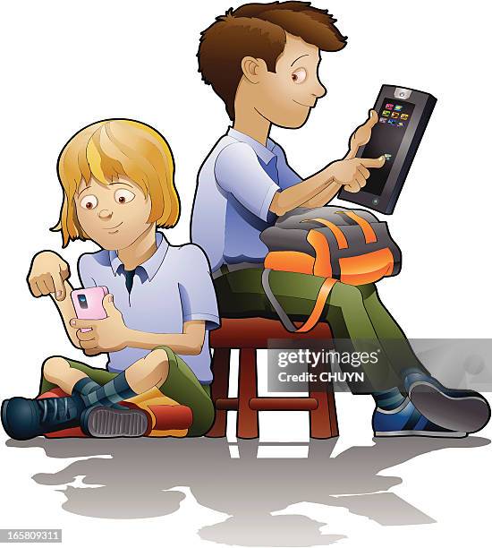 wireless generation - children playing video games on sofa stock illustrations