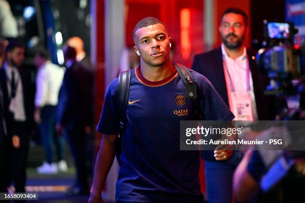 Kylian Mbappe of Paris Saint-Germain arrives to the stadium for the Ligue 1 Uber Eats match between Olympique Lyonnais and Paris Saint-Germain at...