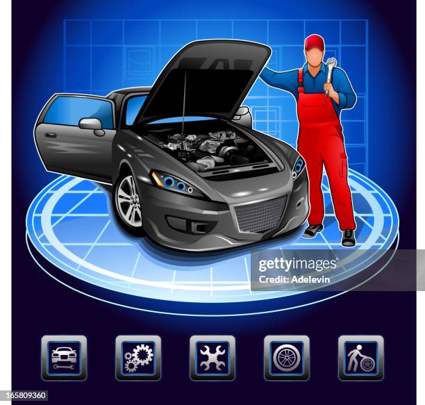 mechaniker in auto repair shop - motorhaube stock-grafiken, -clipart, -cartoons und -symbole