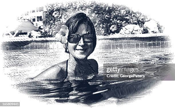 mature woman enjoying vacation - cross hatching stock illustrations