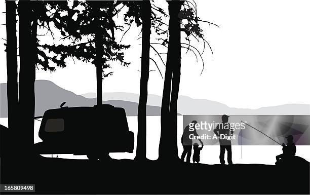camping' lake vector silhouette - camping kids stock illustrations