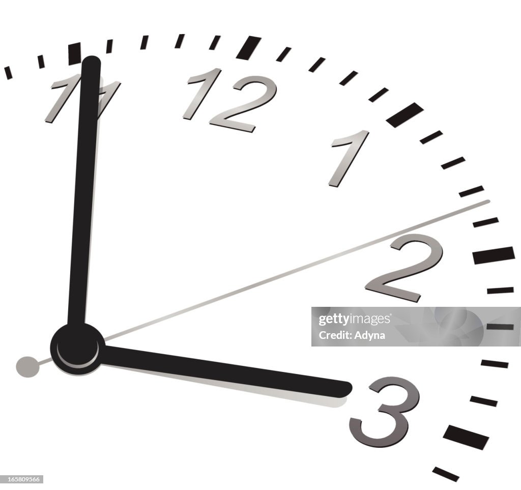 Partial view of a clock from 11 to 3 on a white background